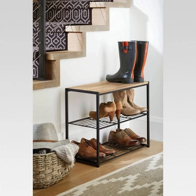 3 Tier Shoe Rack Black Metal With Natural Wood - Brightroom™ 1 3 Tier Shoe Rack Black Metal With Natural Wood - Brightroom™