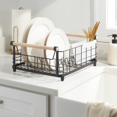 Metal Dish Rack With Powder Coated Finish And Rubber Wood Handles Black - Brightroom™: Freestanding Dish Drying Rack 1 Metal Dish Rack With Powder Coated Finish And Rubber Wood Handles Black - Brightroom™: Freestanding Dish Drying Rack