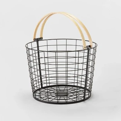 Round Black Wire With Natural Wood Handles Floor Basket - Brightroom™ 4 Round Black Wire With Natural Wood Handles Floor Basket - Brightroom™ - Image 4