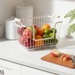 Metal Stackable Wire Pantry Basket With Rubber Wood Handle White - Brightroom™: Kitchen Storage Organizer, 9"x13.5"
